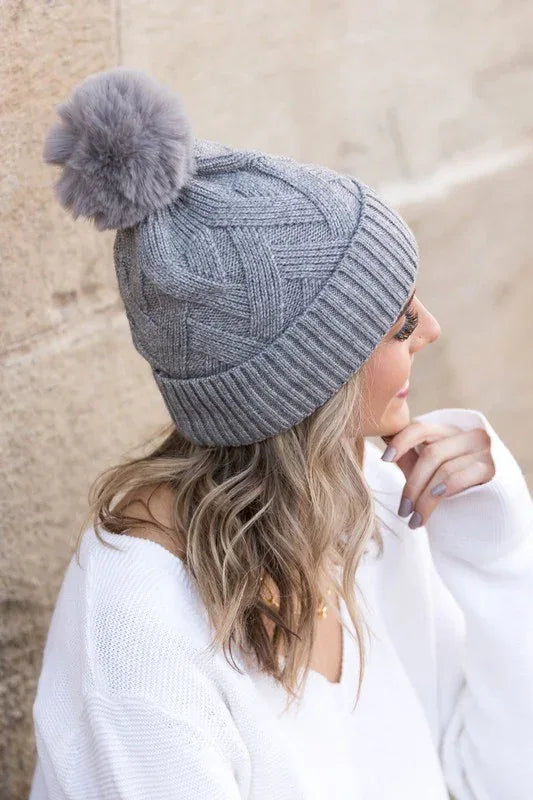 Chunky Knit Fur Pom Beanie - DAVERRI FASHIONS