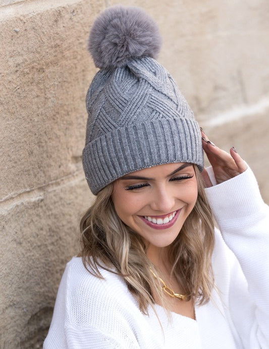 Gray OneSize Chunky Knit Fur Pom Beanie | Daverri Fashions