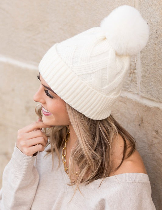 Chunky Knit Fur Pom Beanie | Daverri Fashions