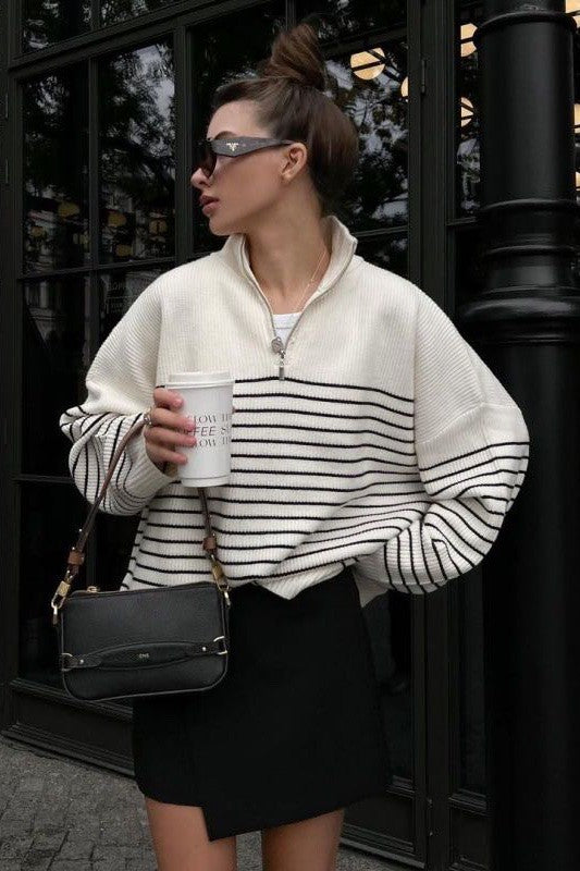 Striped Pullover Half Zip Sweater white Tops