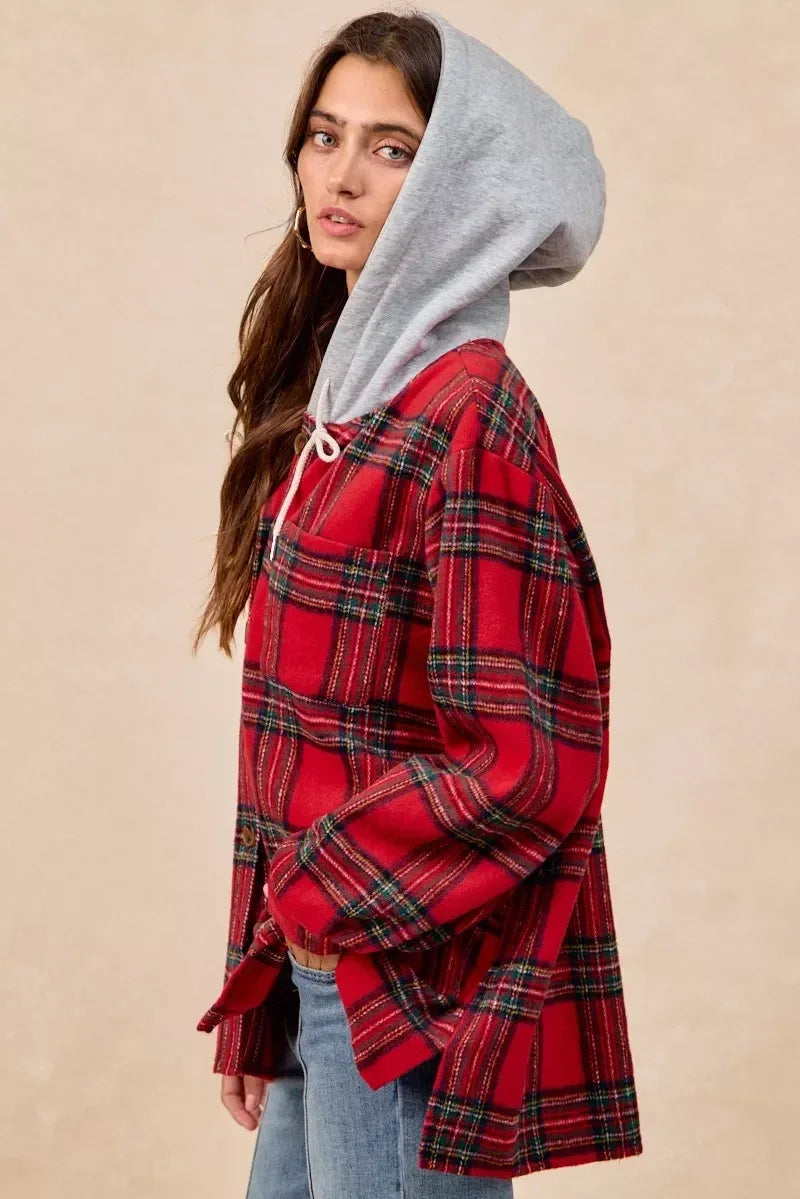 BiBi Brushed Plaid Hooded Jacket - DAVERRI FASHIONS