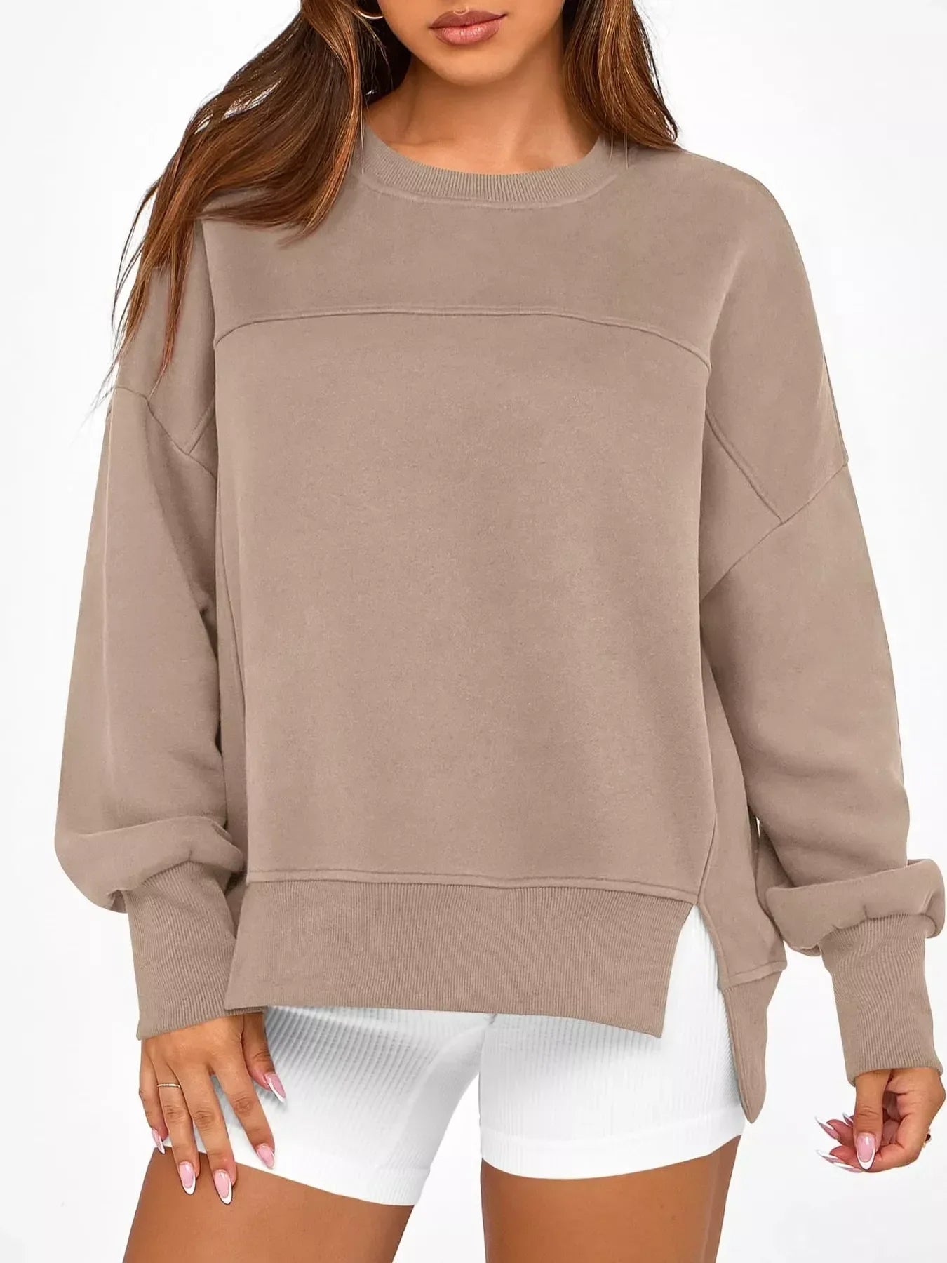 Slit Round Neck Dropped Shoulder Sweatshirt - DAVERRI FASHIONS