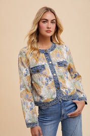 Annie Wear Floral Jacquard Denim Contrast Button Down Jacket Jackets