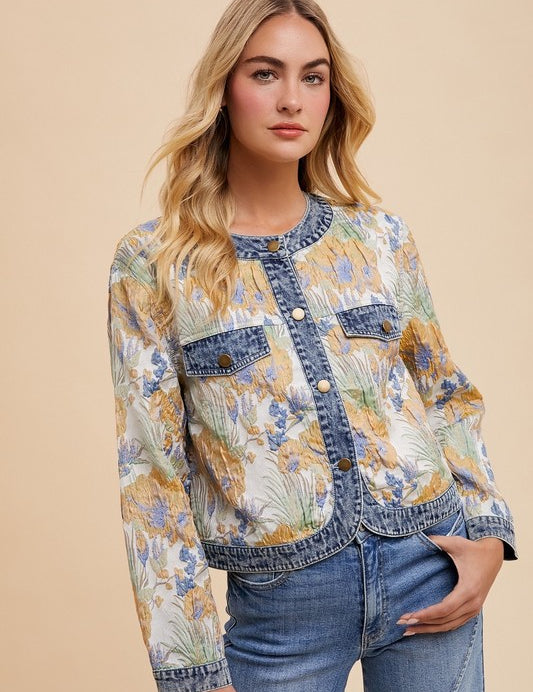 Annie Wear Floral Jacquard Denim Contrast Button Down Jacket Jackets