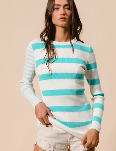 BiBi Contrast Striped Asymmetrical Hem Knit Top Mint Ivory