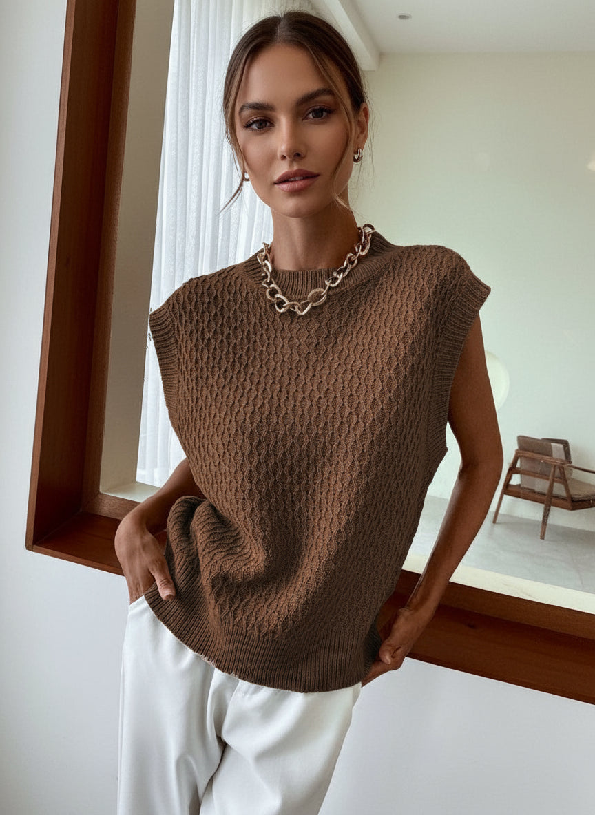 Brown Knit Sweater Vest | Sweater Vests Daverri Fashions