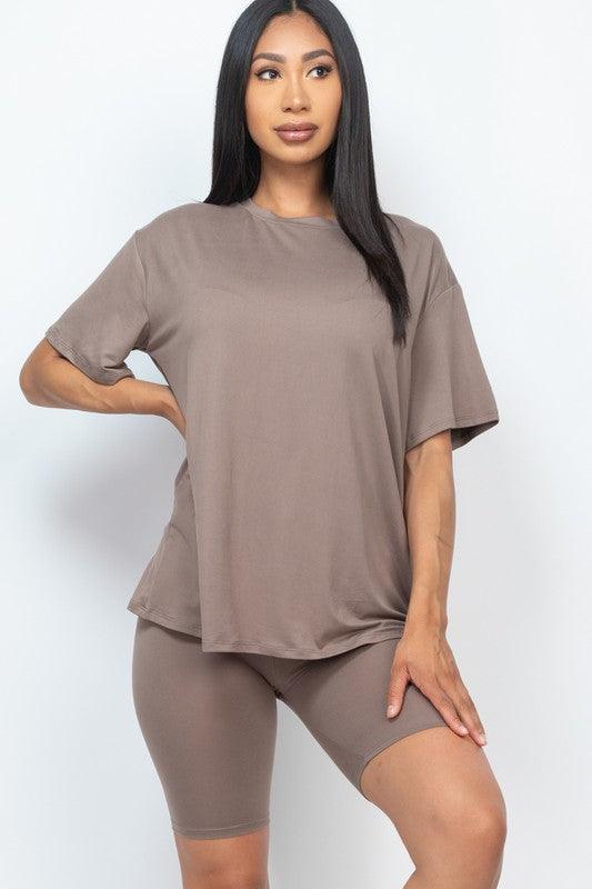 Loose Fit Top And Biker Shorts Set Taupe Shorts Sets