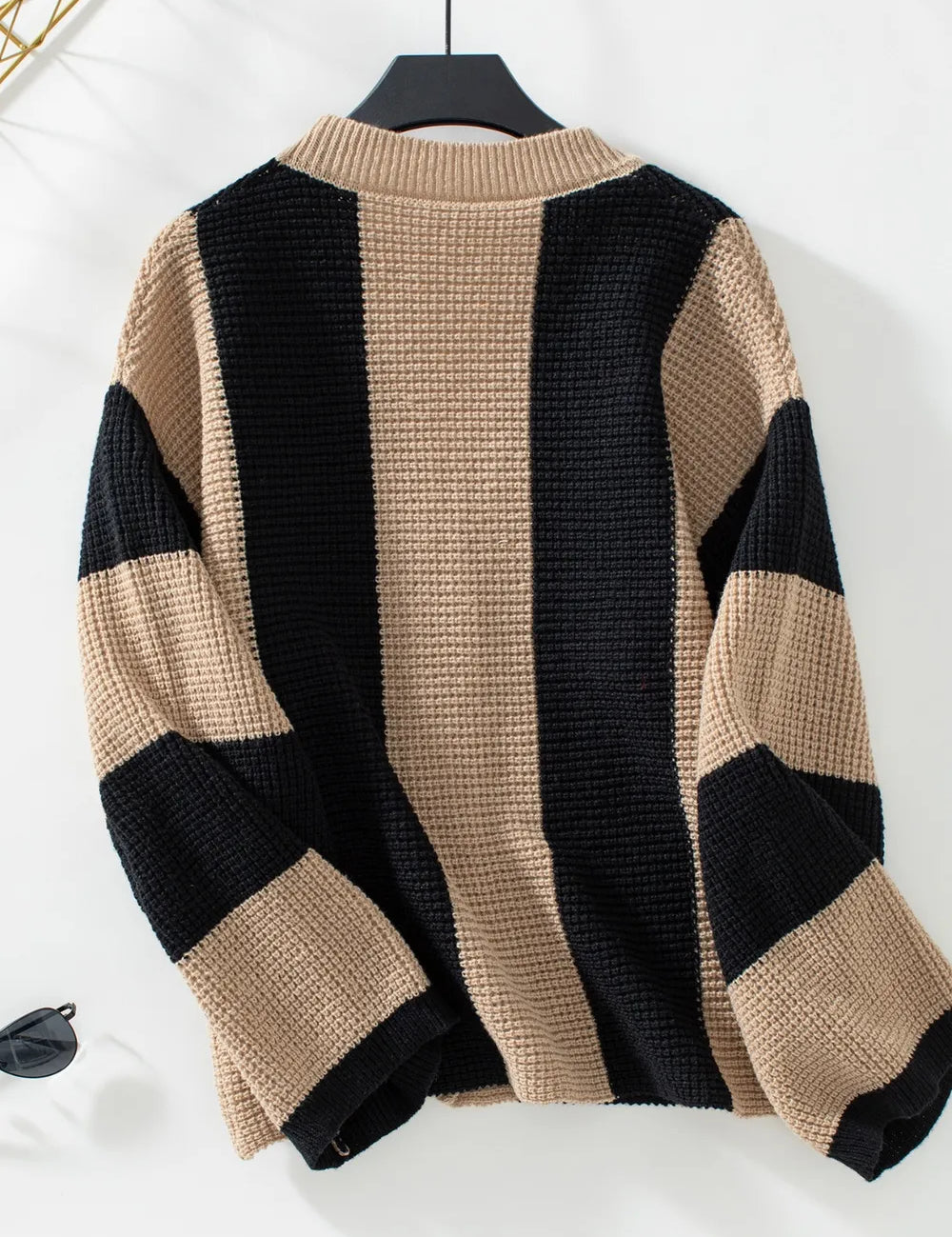 Waffle-Knit V-Neck Striped Long Sleeve Cardigan | Cardigans Daverri Fashions