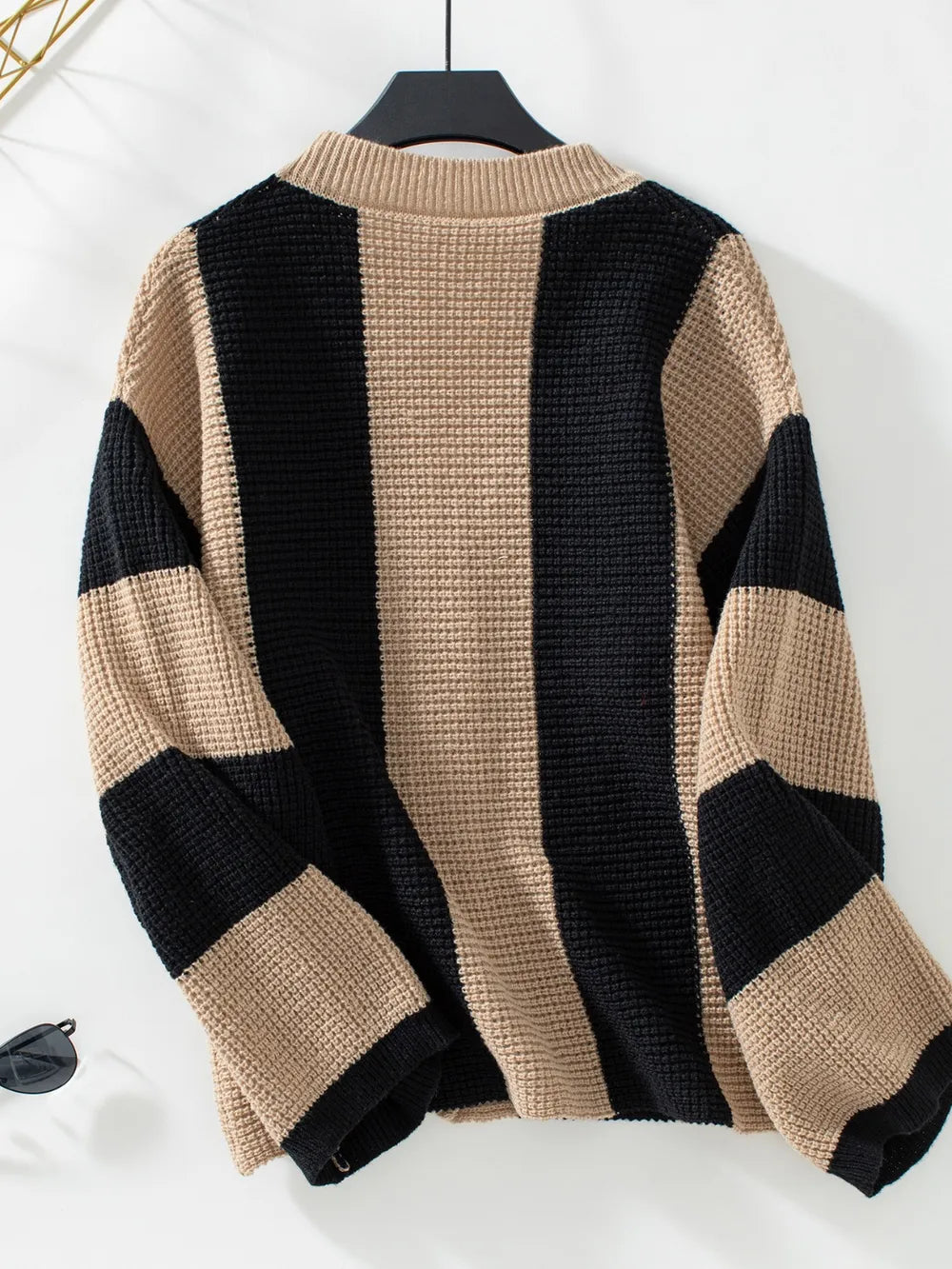 Waffle-Knit V-Neck Striped Long Sleeve Cardigan | Cardigans Daverri Fashions