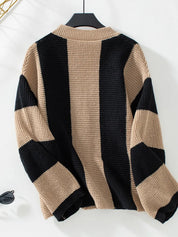Waffle-Knit V-Neck Striped Long Sleeve Cardigan | Cardigans Daverri Fashions