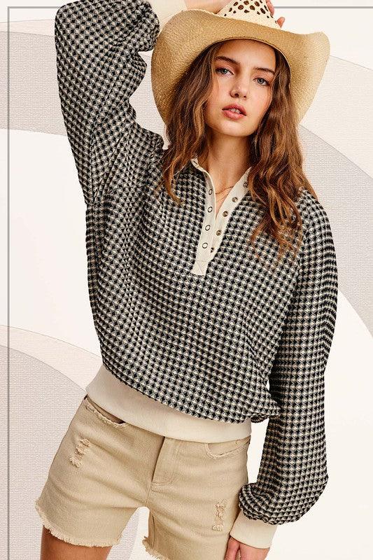 Oversized Two-Tone Textured Long Sleeve Top Shirts & Tops