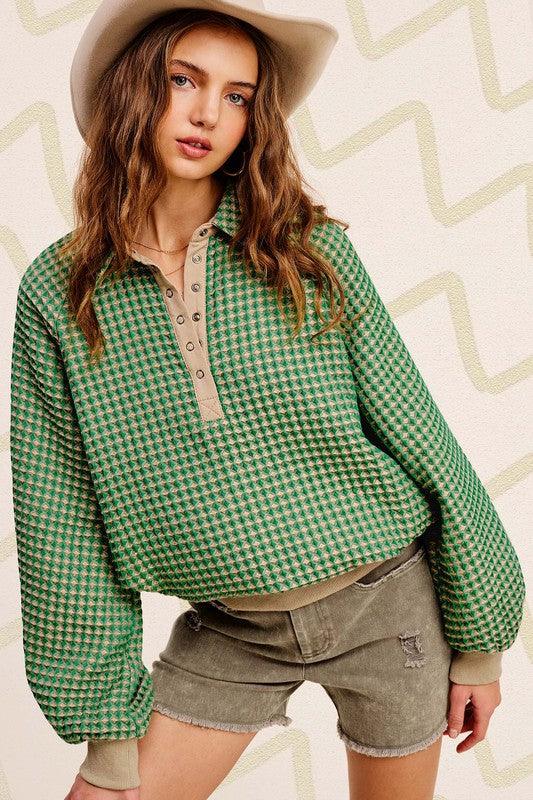 Oversized Two-Tone Textured Long Sleeve Top Shirts & Tops