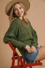 Umgee Chunky Cable Knit V-Neck Button-Up Cardigan Olive | Cardigans Daverri Fashions