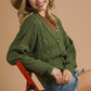 Umgee Chunky Cable Knit V-Neck Button-Up Cardigan Olive - DAVERRI FASHIONS