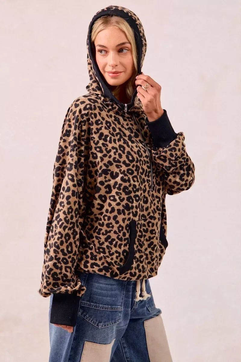 BiBi Leopard Print Waffle Half Zip Up Hoodie W Pocket - DAVERRI FASHIONS