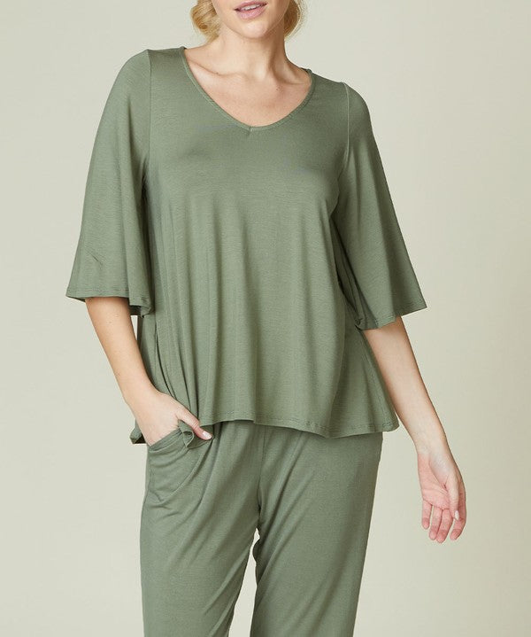 Full Size Flared Sleeve Bamboo Top OLIVE Tops