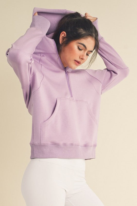 Women’s lavender cropped quarter-zip hoodie with front pocket