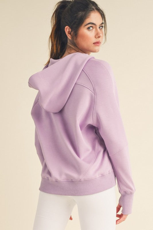 Women’s Ultra Comfy Quarter-Zip Hoodie in soft lavender with relaxed fit and ribbed cuffs
