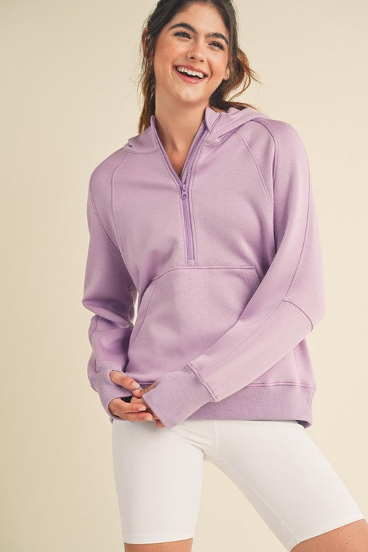 Women’s lavender quarter-zip hoodie with soft stretchy fabric and ribbed cuffs