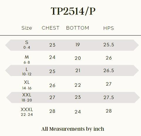 Size chart for Women’s Ultra Comfy Quarter-Zip Hoodie TP2514/P, S to XXXL in inches