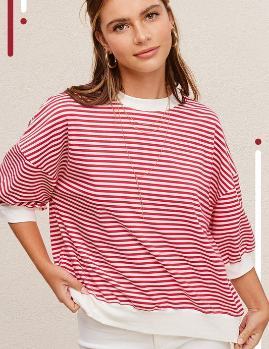 La Miel Loose Fit Striped Half Sleeve Top TOMATO Tops