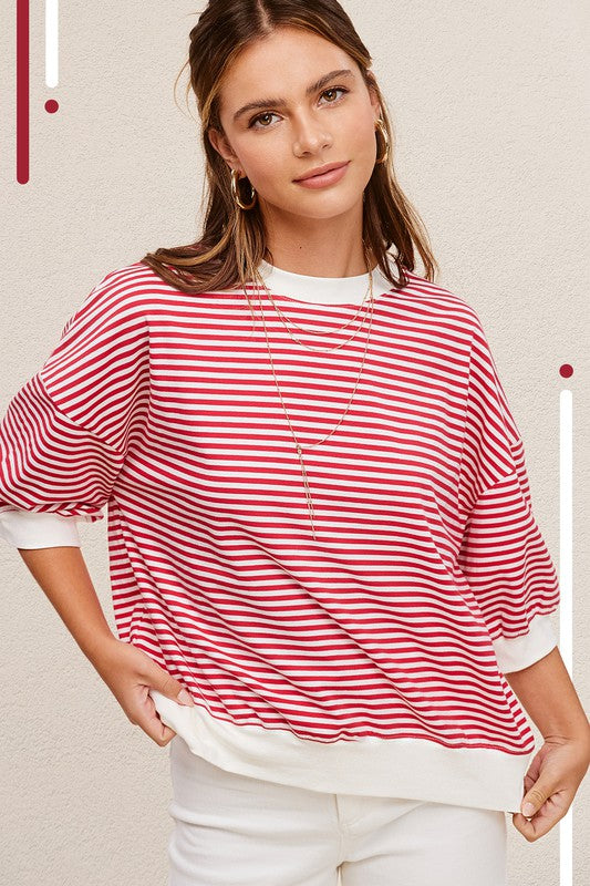 La Miel Loose Fit Striped Half Sleeve Top TOMATO Tops