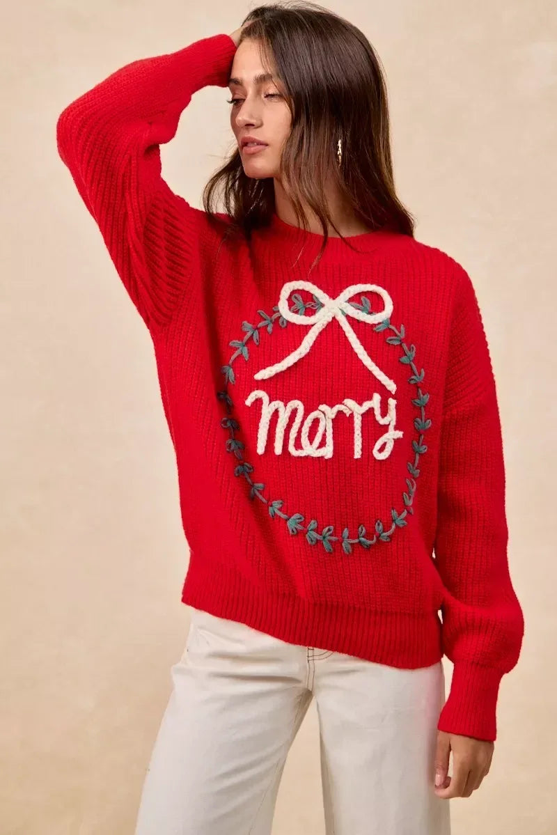 BiBi Christmas Wreath Merry Letter Knit Top - DAVERRI FASHIONS