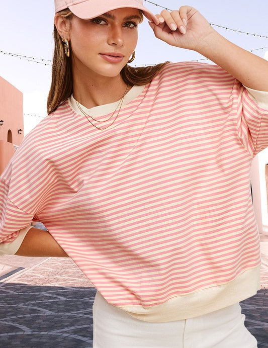 La Miel Loose Fit Striped Half Sleeve Top COTTON CANDY Tops