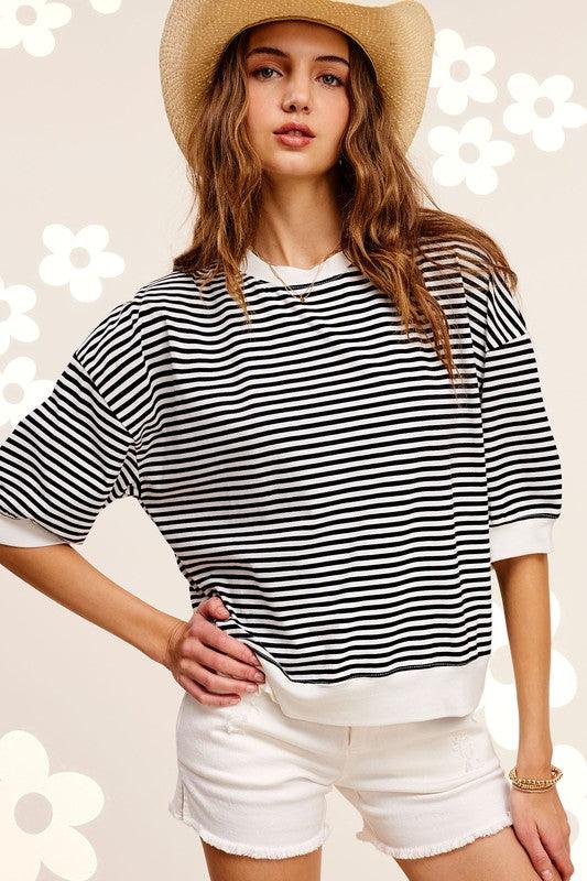 Crew Neck Stripe Short Sleeve Top BLACK L Shirts & Tops