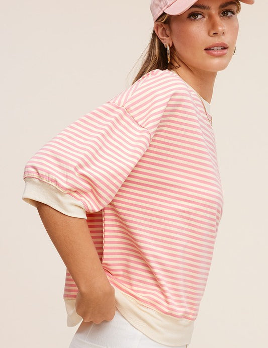 La Miel Loose Fit Striped Half Sleeve Top Tops