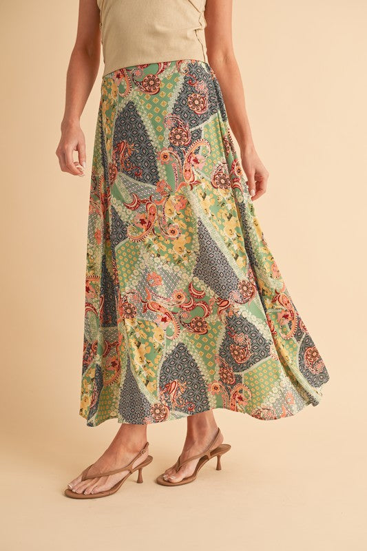 Aemi + Co Flowy Boho Patchwork Print Maxi Skirt Maxi Skirts