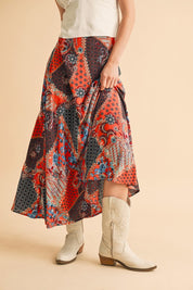 Aemi + Co Flowy Boho Patchwork Print Maxi Skirt ORANGE BLACK S Maxi Skirts