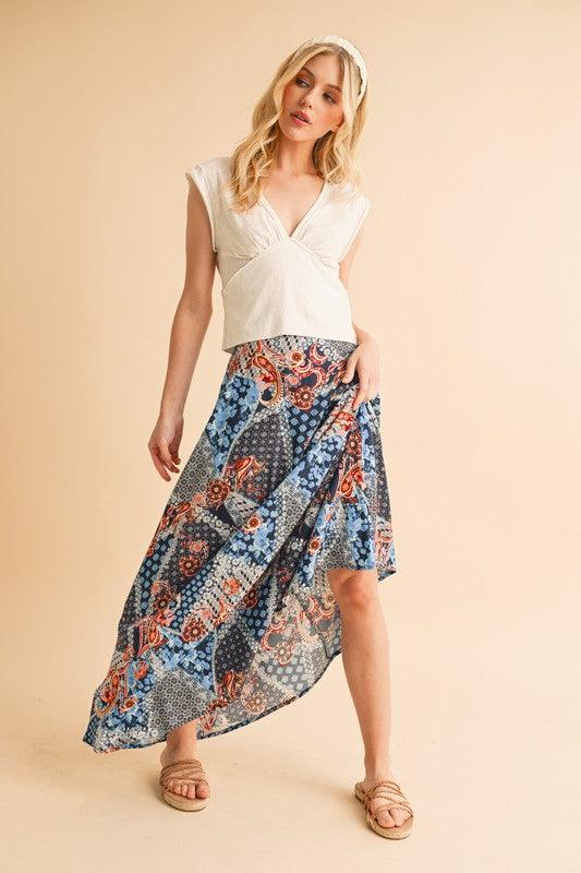 Aemi + Co Flowy Boho Patchwork Print Maxi Skirt BLUE PINK S Maxi Skirts