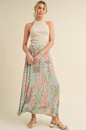 Aemi + Co Flowy Boho Patchwork Print Maxi Skirt MINT PINK S Maxi Skirts