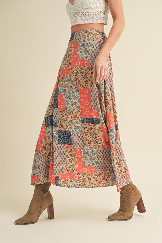 Aemi + Co Flowy Boho Patchwork Print Maxi Skirt Maxi Skirts