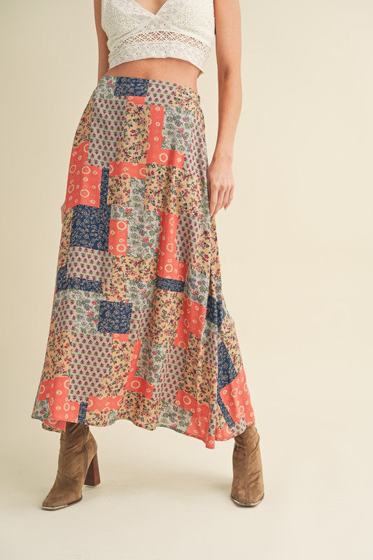 Aemi + Co Flowy Boho Patchwork Print Maxi Skirt Maxi Skirts