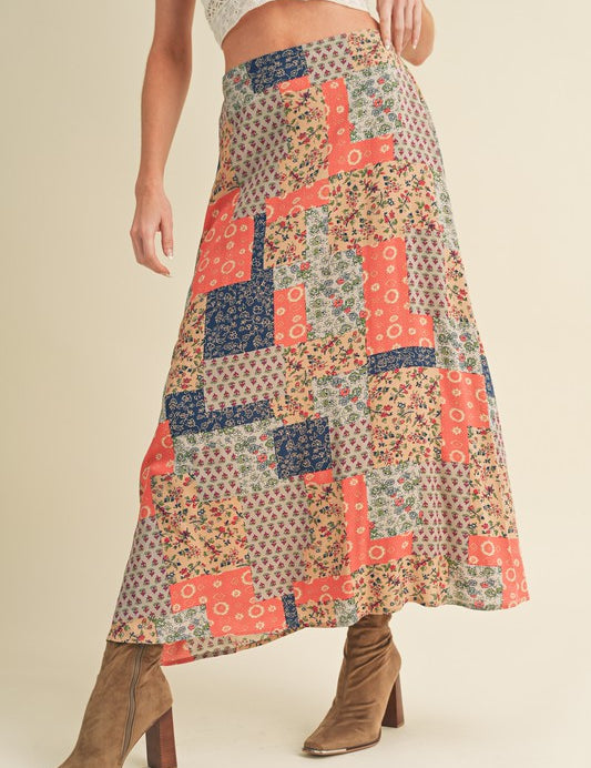 Aemi + Co Flowy Boho Patchwork Print Maxi Skirt Maxi Skirts