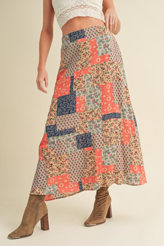 Aemi + Co Flowy Boho Patchwork Print Maxi Skirt Maxi Skirts