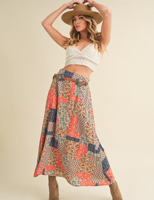 Aemi + Co Flowy Boho Patchwork Print Maxi Skirt TAN ORANGE S Maxi Skirts