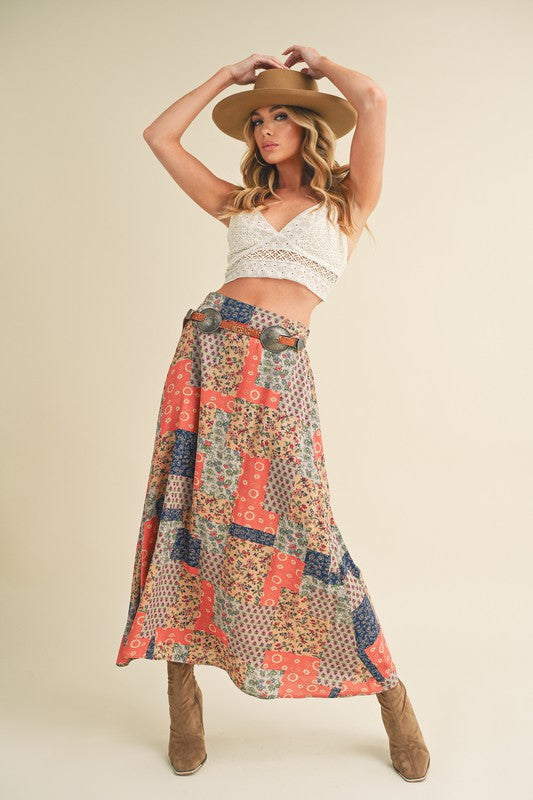 Aemi + Co Flowy Boho Patchwork Print Maxi Skirt TAN ORANGE S Maxi Skirts