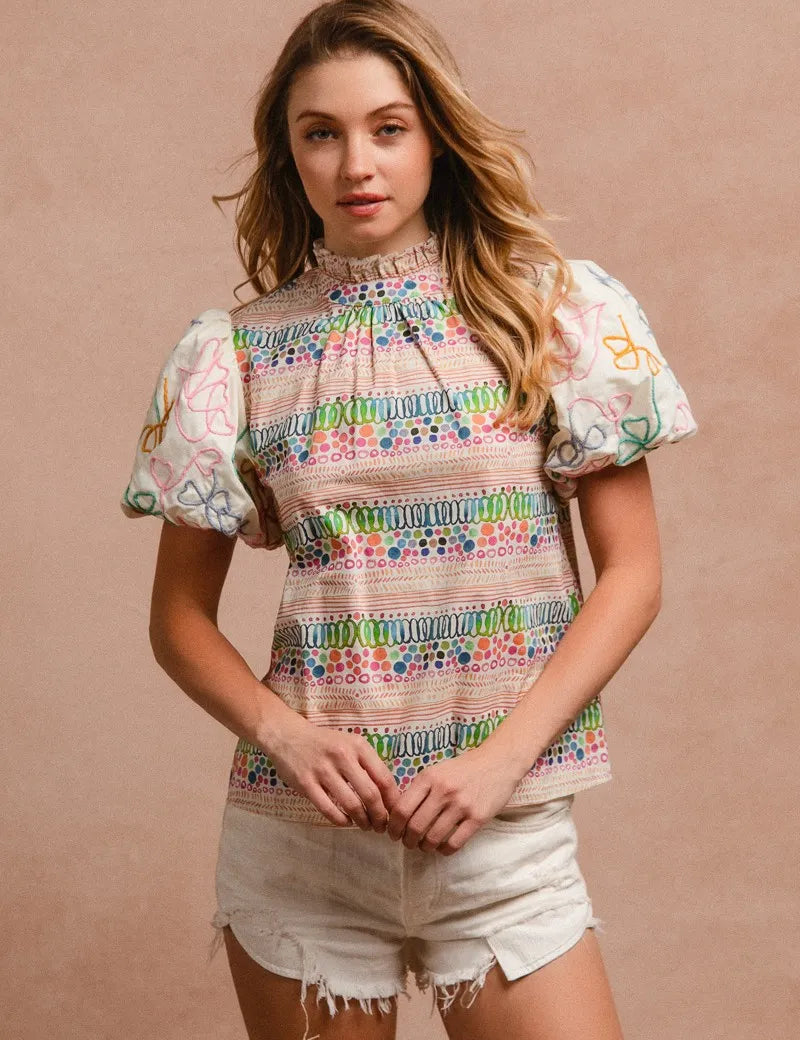 BiBi Ruffle Neckline Blouse With Embroidery Bubble Sleeve | Daverri Fashions