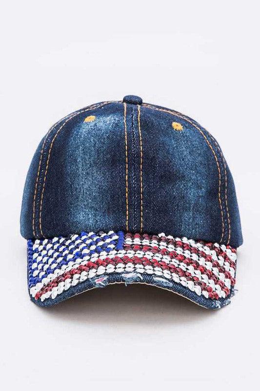 Rhinestone USA Flag Brim Baseball Cap DENIM O S Hats