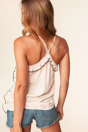 Peach Wool Dobby V Neck Ruffle Hem Tank Top | Daverri Fashions