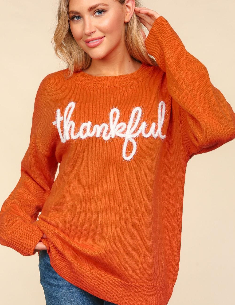 Haptics Full Size Metallic Glitter Embroidery Sweater Orange-Red Tops