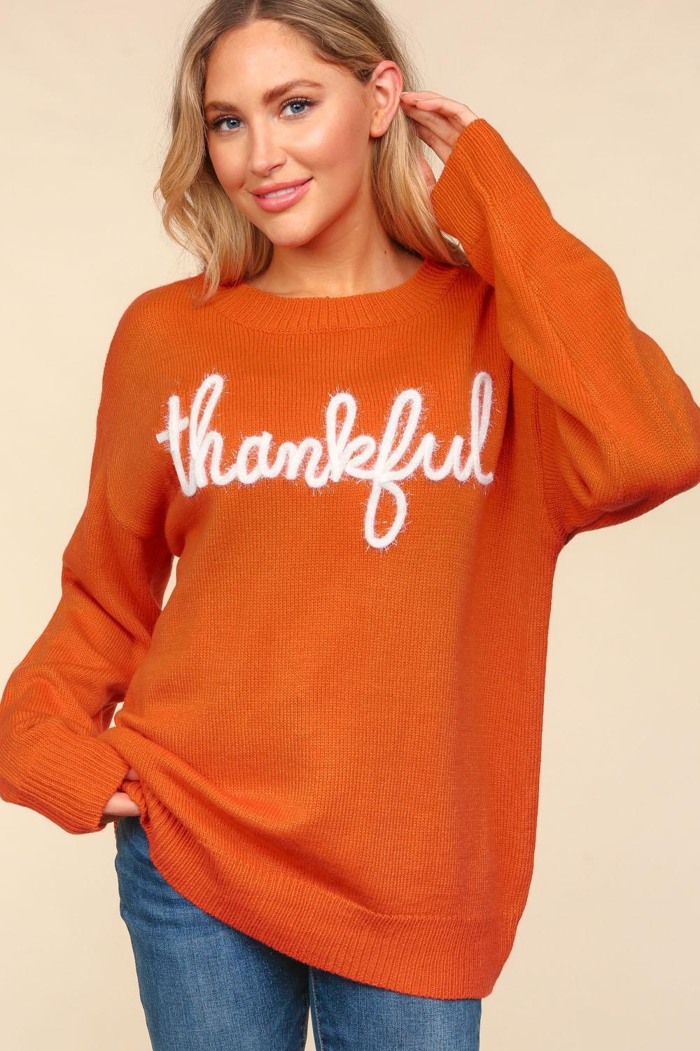 Haptics Full Size Metallic Glitter Embroidery Sweater Orange-Red Tops