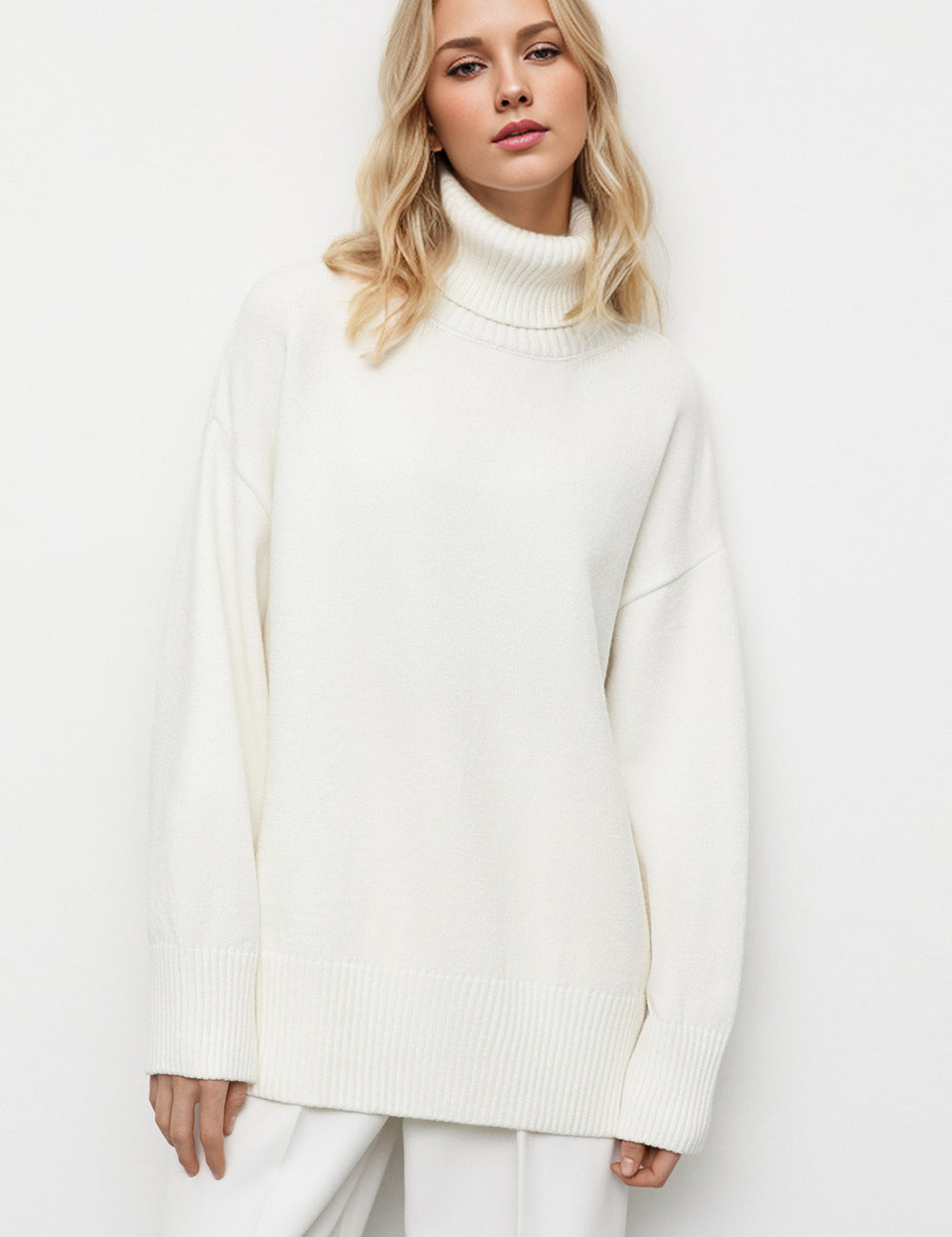 White One Size Basic Bae Turtleneck Dropped Shoulder Long Sleeve Sweater | Sweaters Daverri Fashions