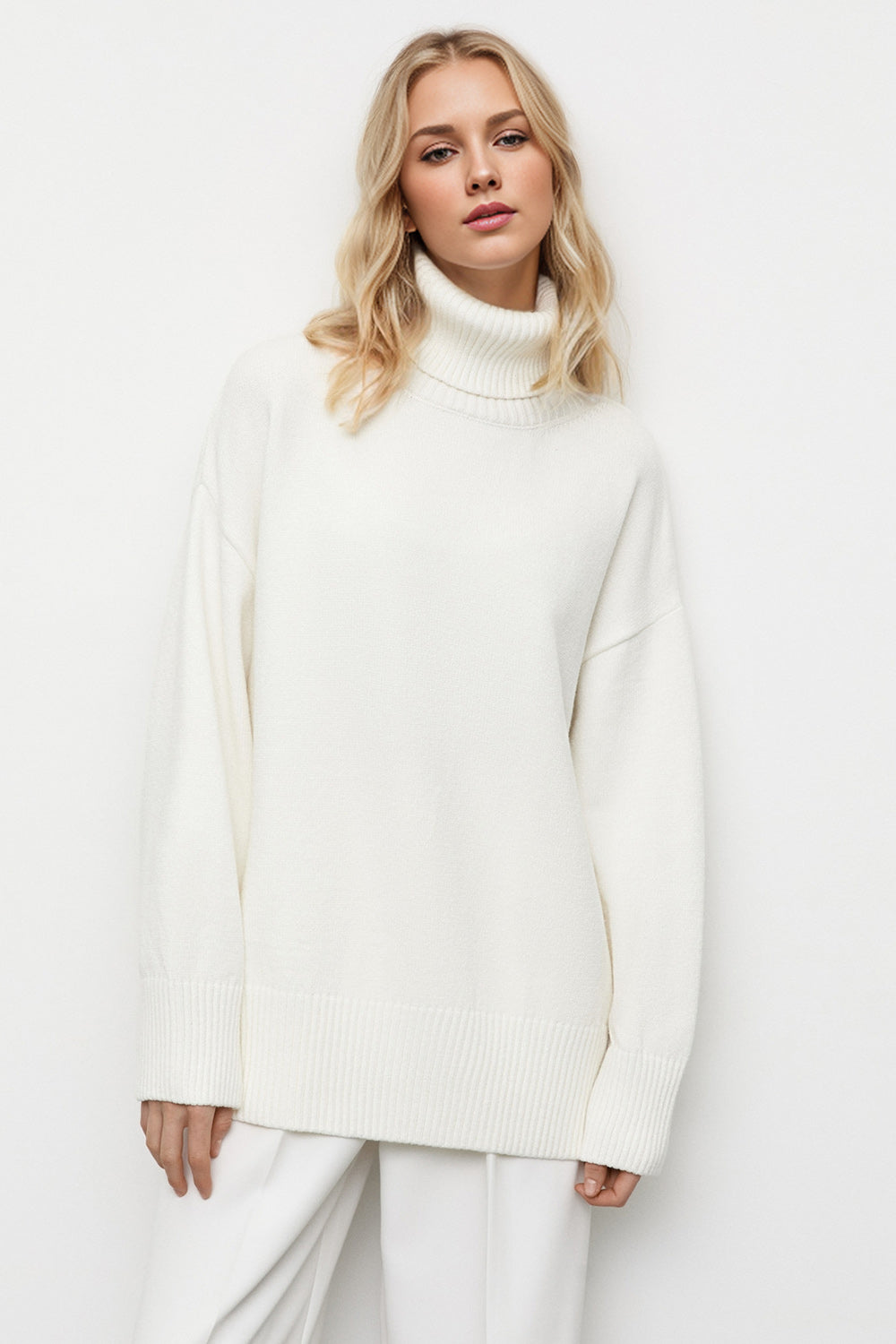 White One Size Basic Bae Turtleneck Dropped Shoulder Long Sleeve Sweater | Sweaters Daverri Fashions