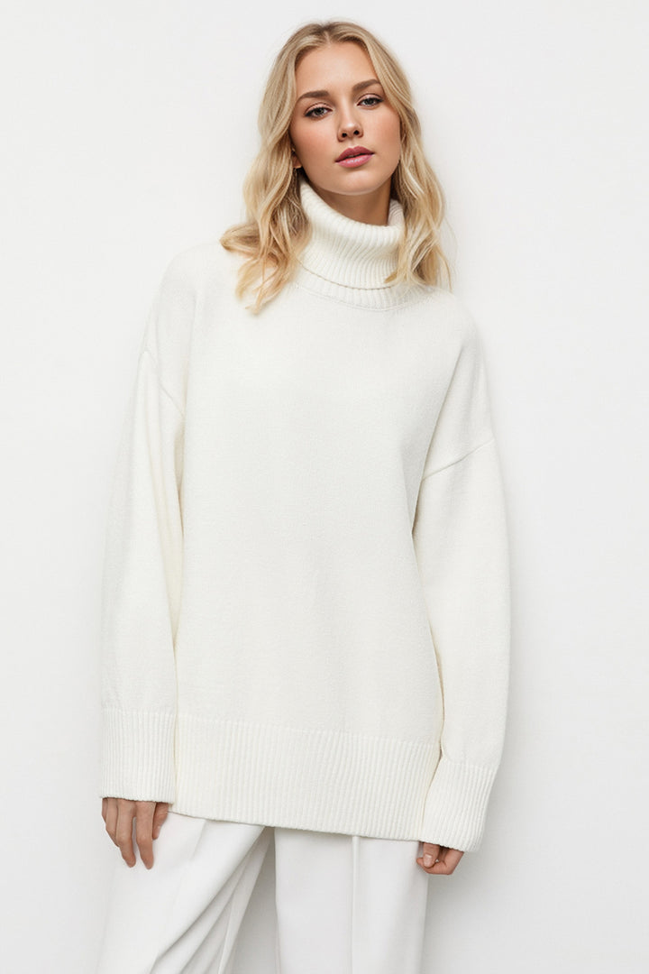White One Size Basic Bae Turtleneck Dropped Shoulder Long Sleeve Sweater | Sweaters Daverri Fashions