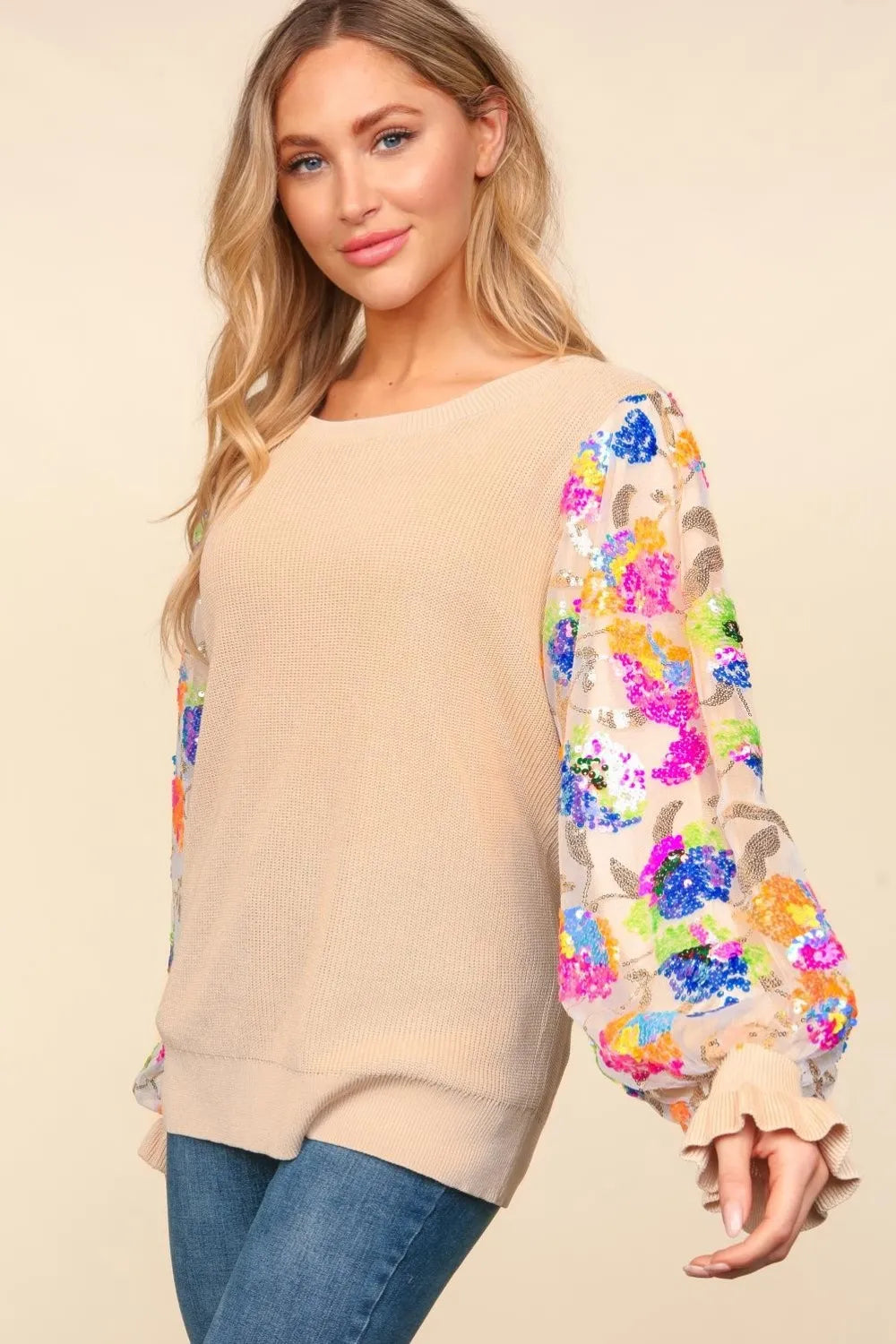 Haptics Floral Sequins Mesh Flounce Sleeve Sweater | Sweaters Daverri Fashions