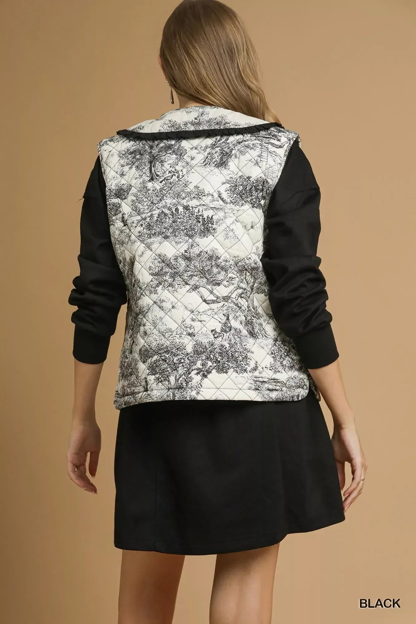 Umgee Toile Quilted Vest with Ruffle Collar - DAVERRI FASHIONS